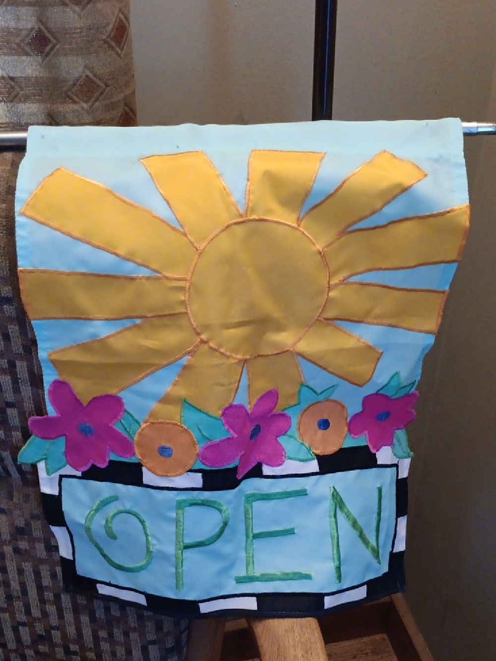 OPEN/CLOSED FLAGS  with Yellow Sun and Pink Flowers Small. $10